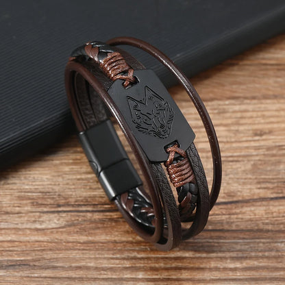 Viking Wolf Head Leather Bracelet