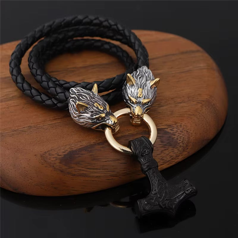 Viking Wolf Head With Mjölnir Chain