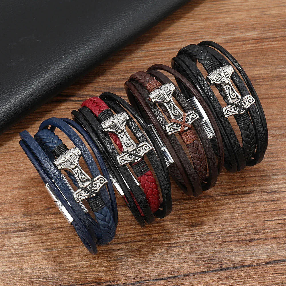 Thor's Hammer Braided Leather Bracelet