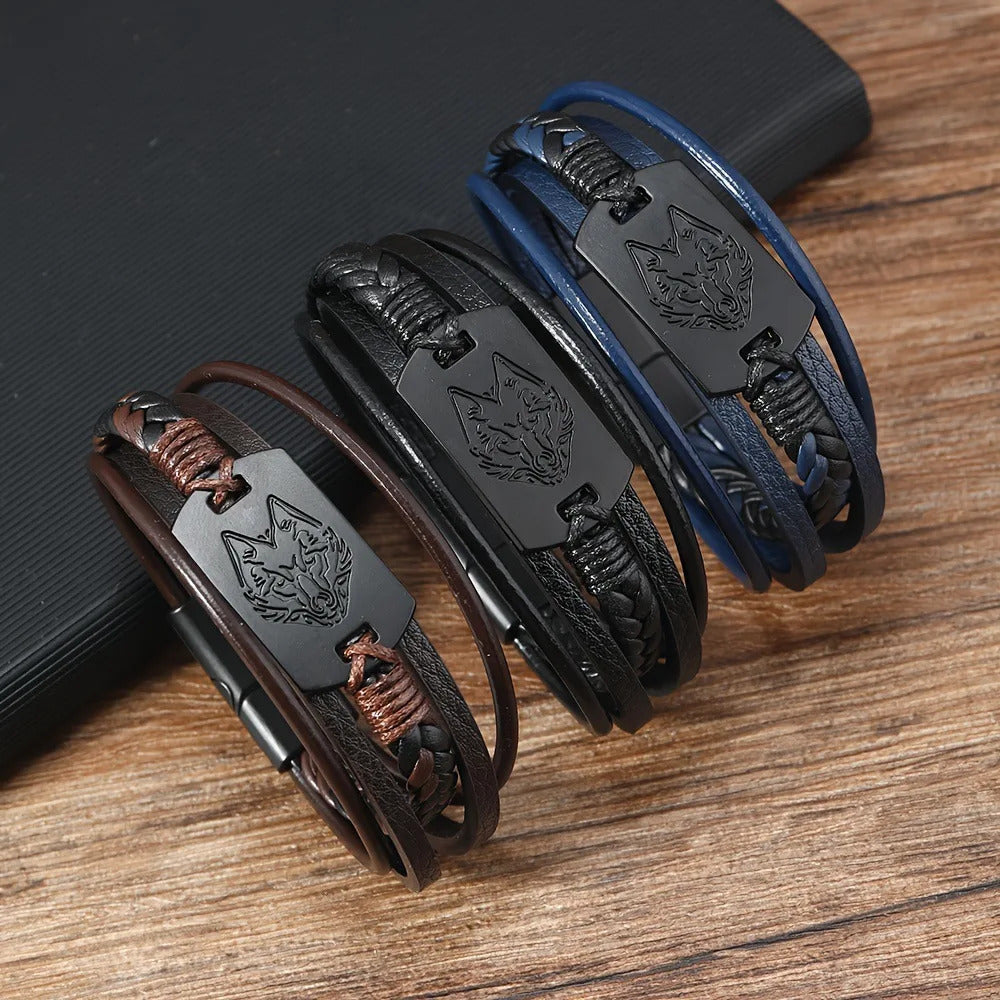 Viking Wolf Head Leather Bracelet