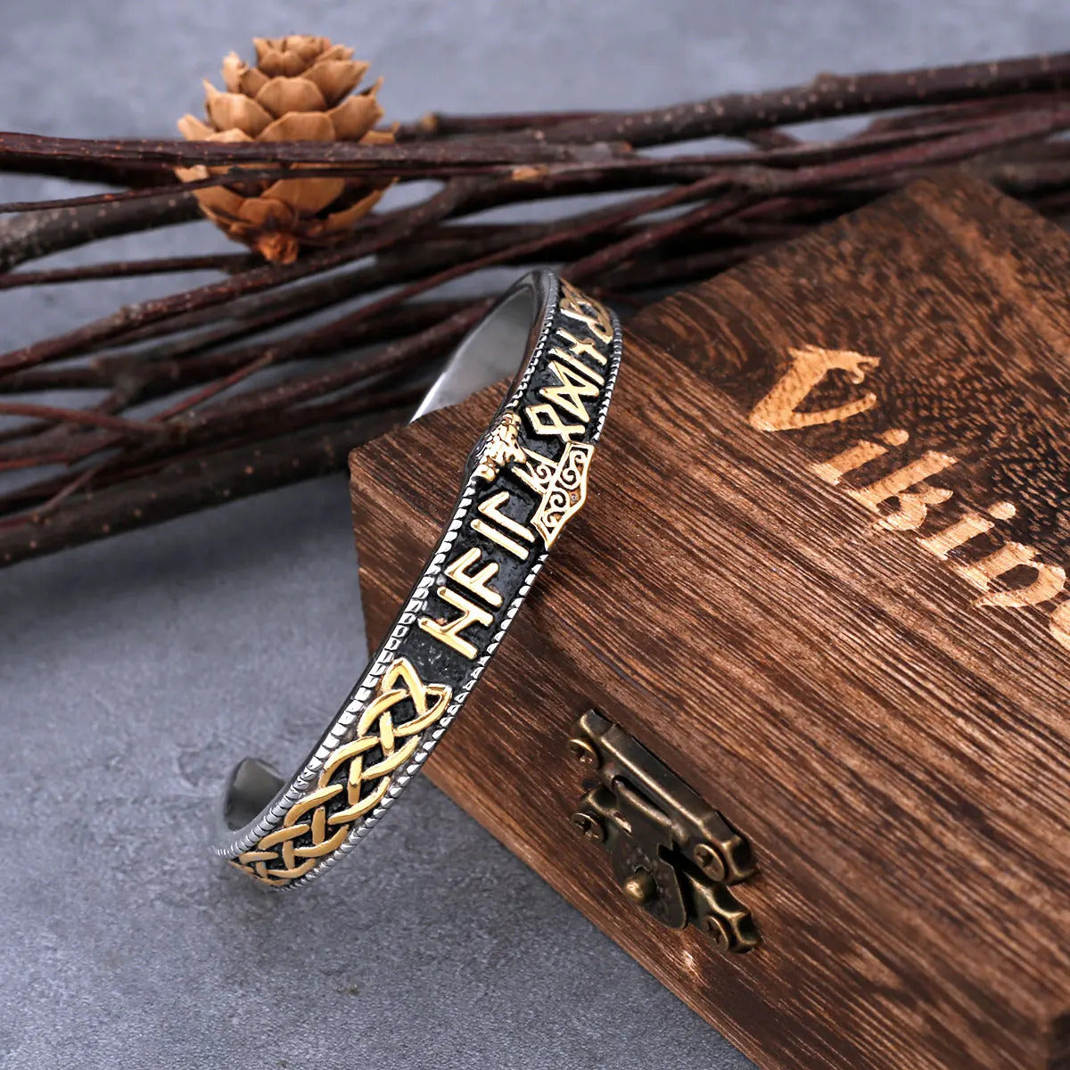 Thor's Hammer And Runes Bangle With Wooden Box