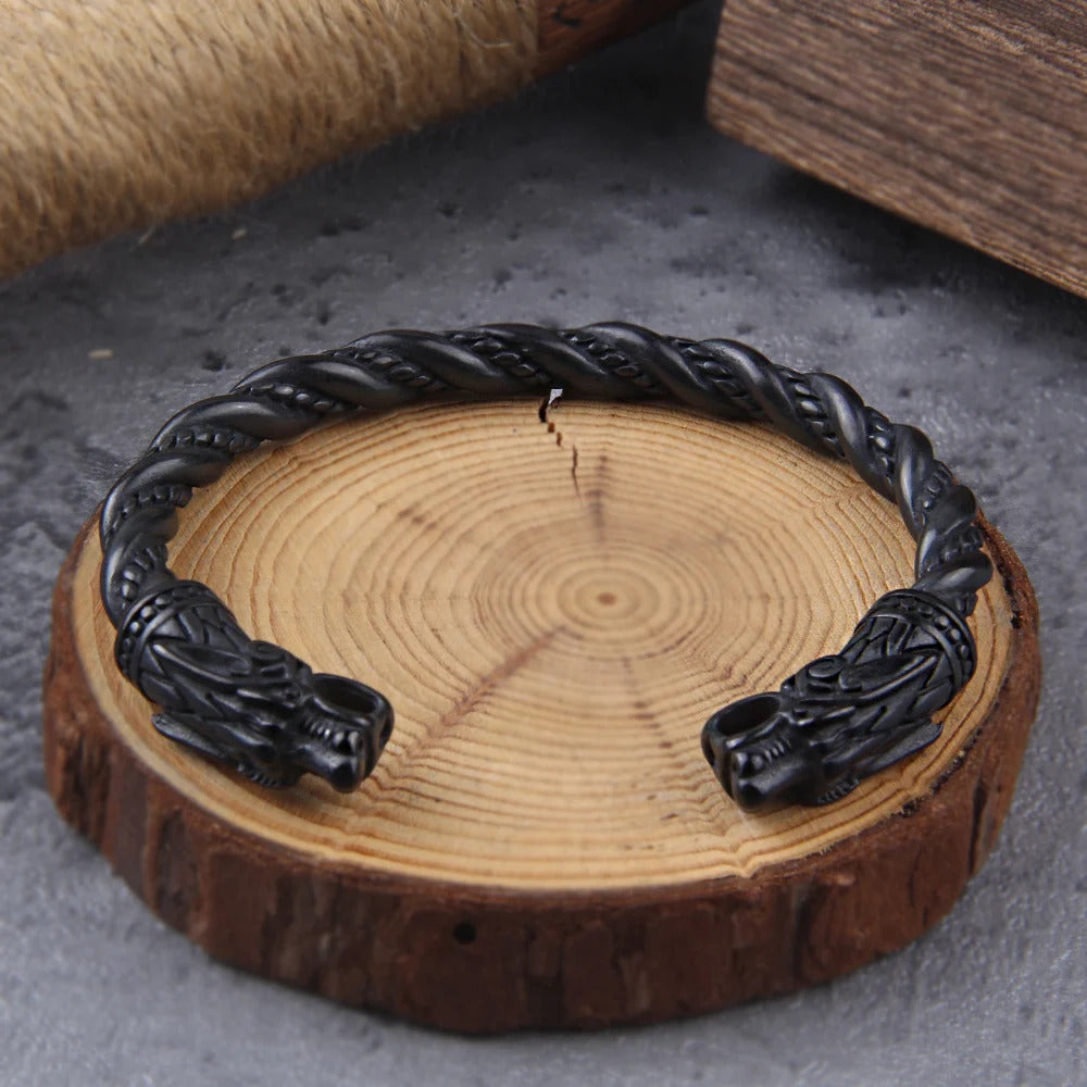 Black Wolf Head Viking Bracelet With Wooden Box