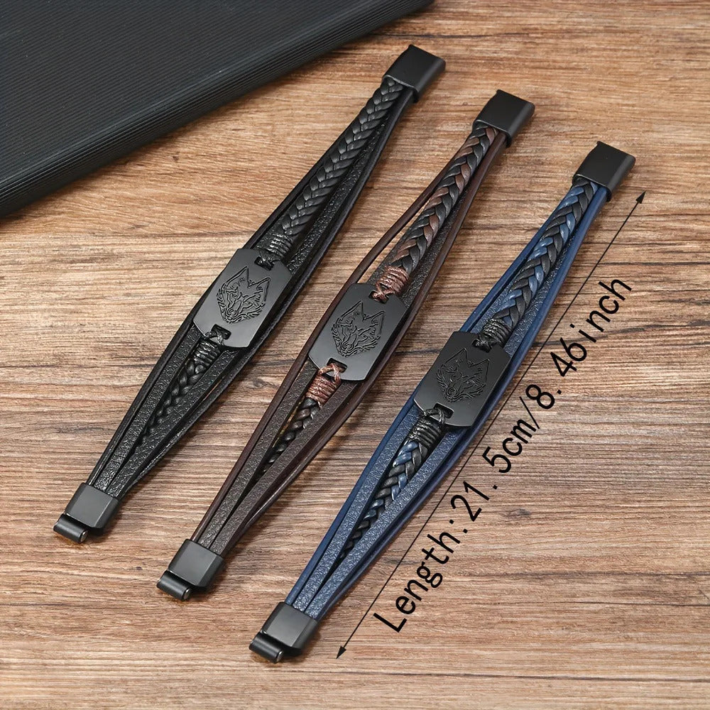 Viking Wolf Head Leather Bracelet