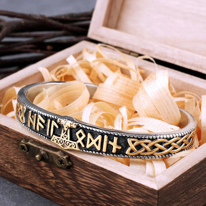 Thor's Hammer And Runes Bangle With Wooden Box