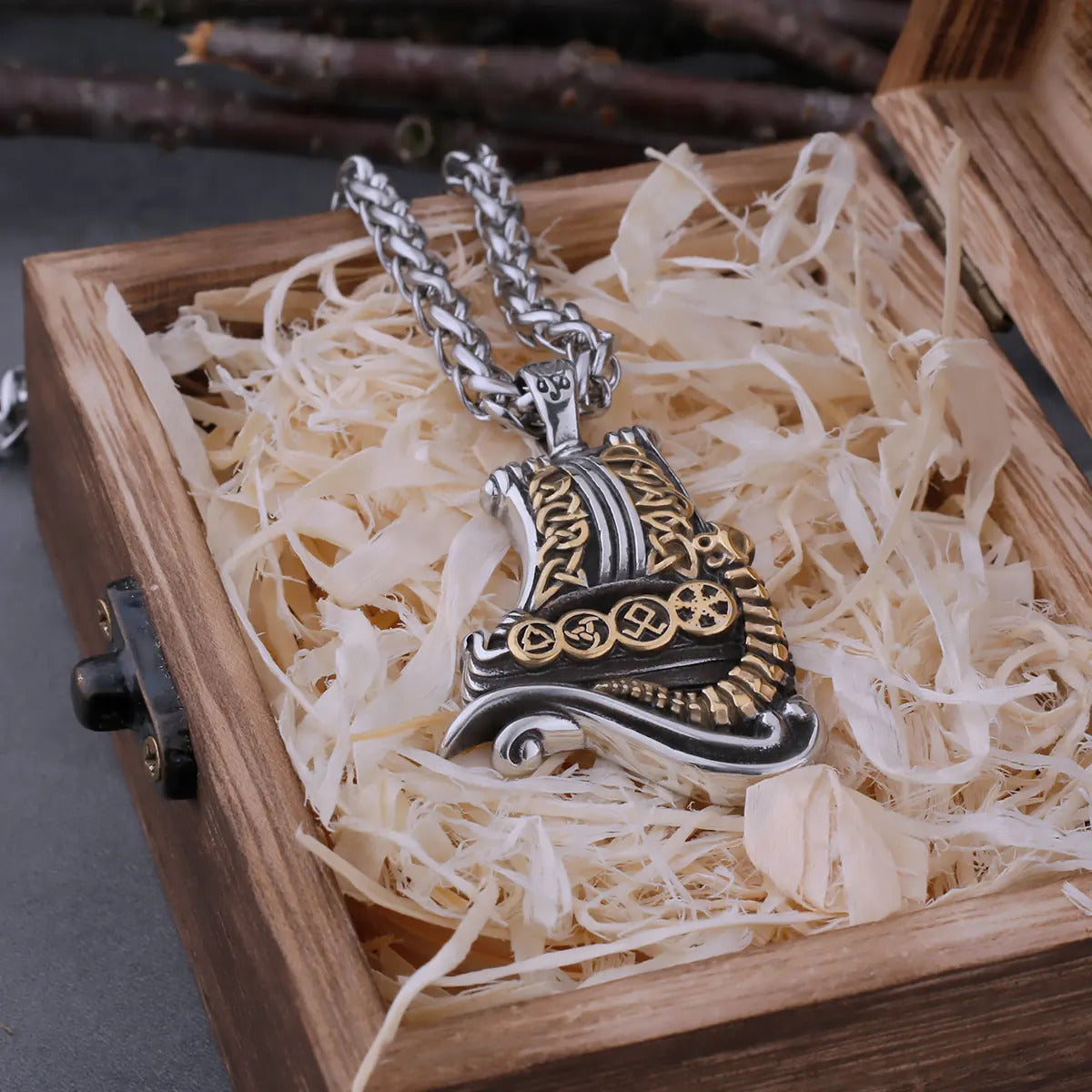 Viking Ship Necklace + Wooden Box