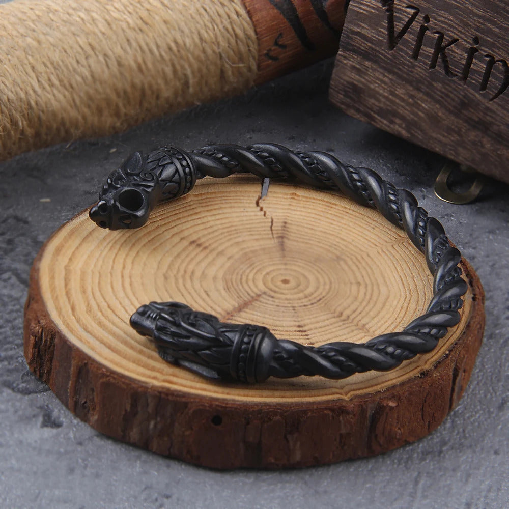 Black Wolf Head Viking Bracelet With Wooden Box