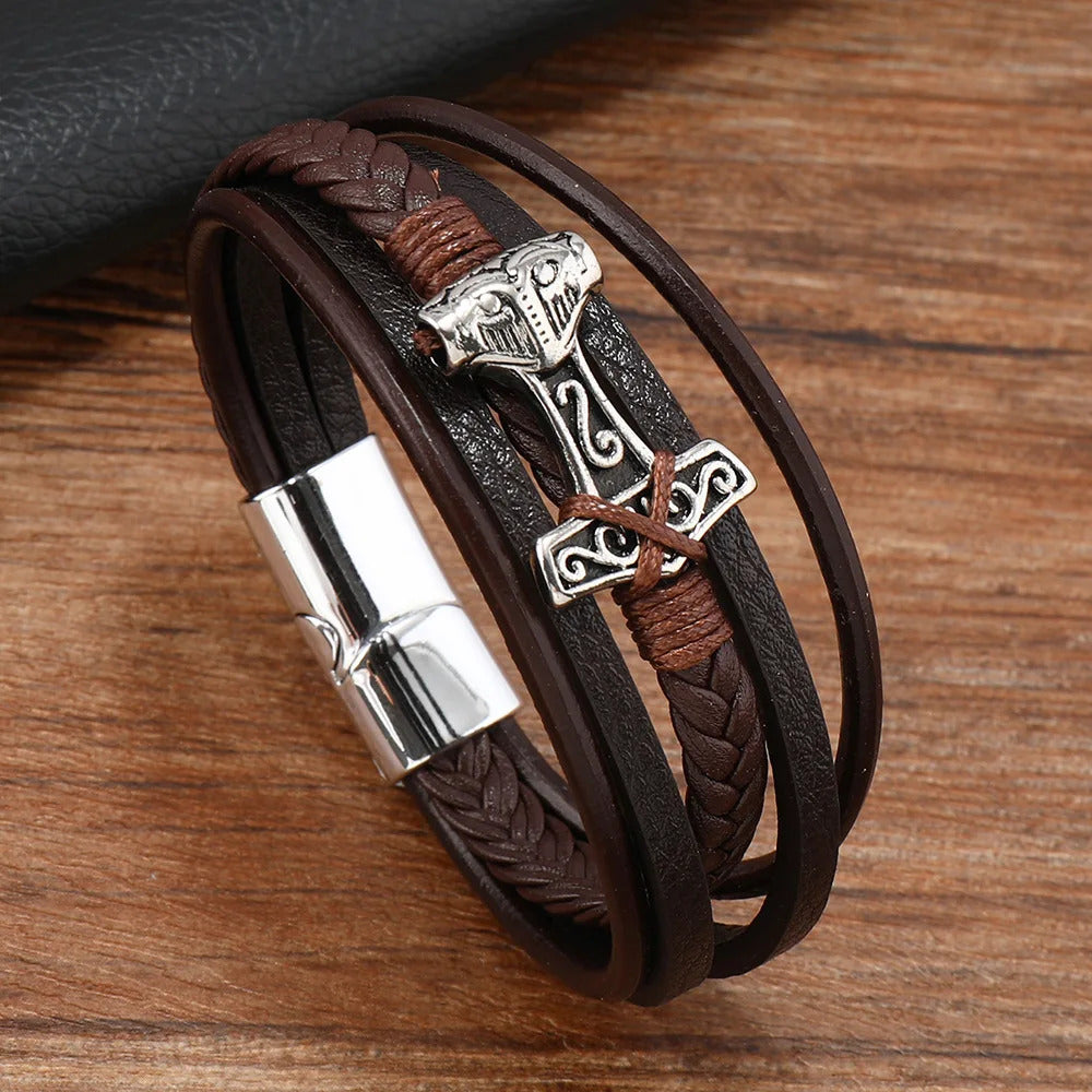 Thor's Hammer Braided Leather Bracelet
