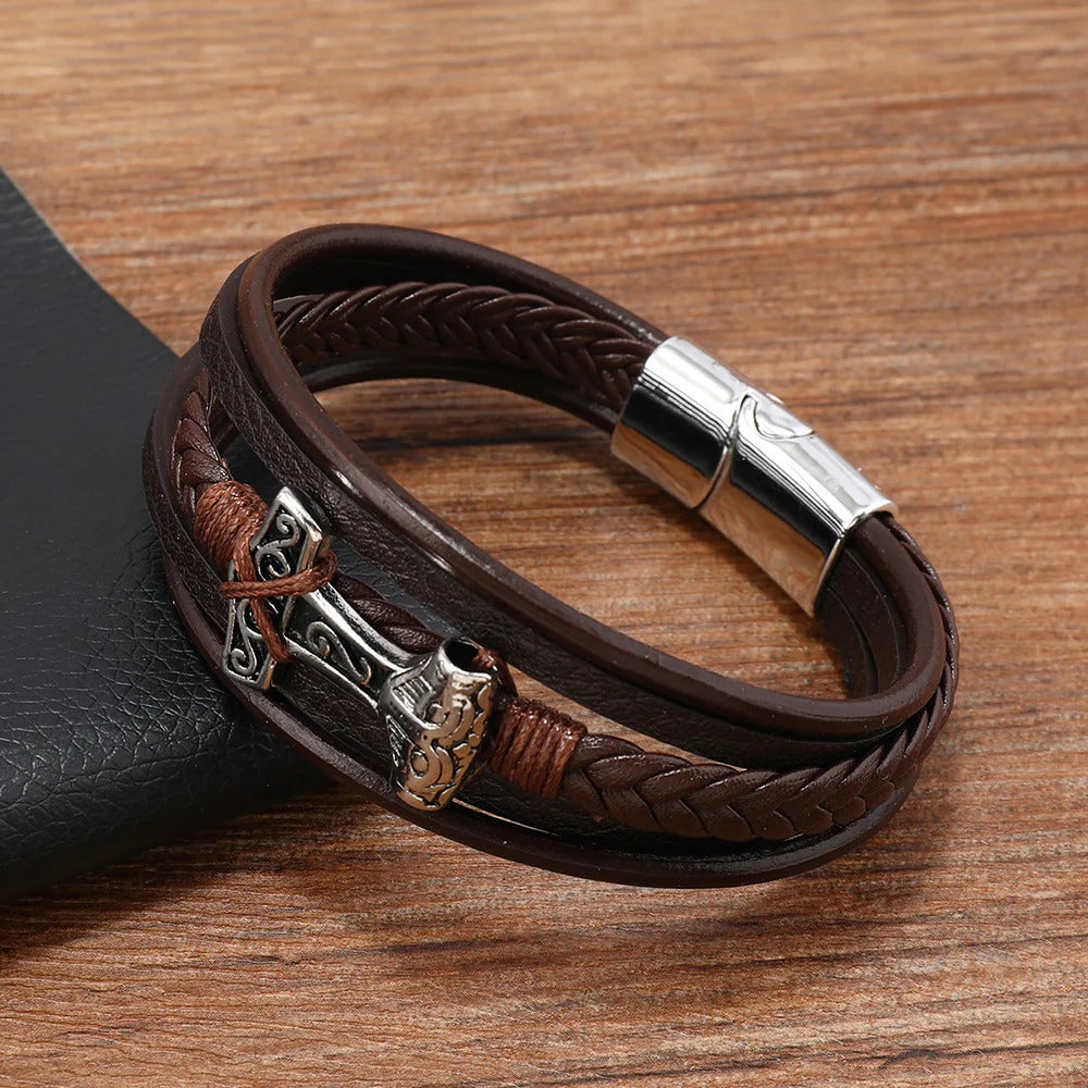 Thor's Hammer Braided Leather Bracelet