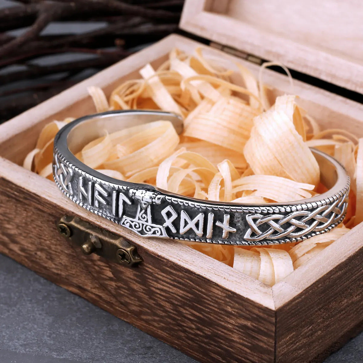 Thor's Hammer And Runes Bangle With Wooden Box