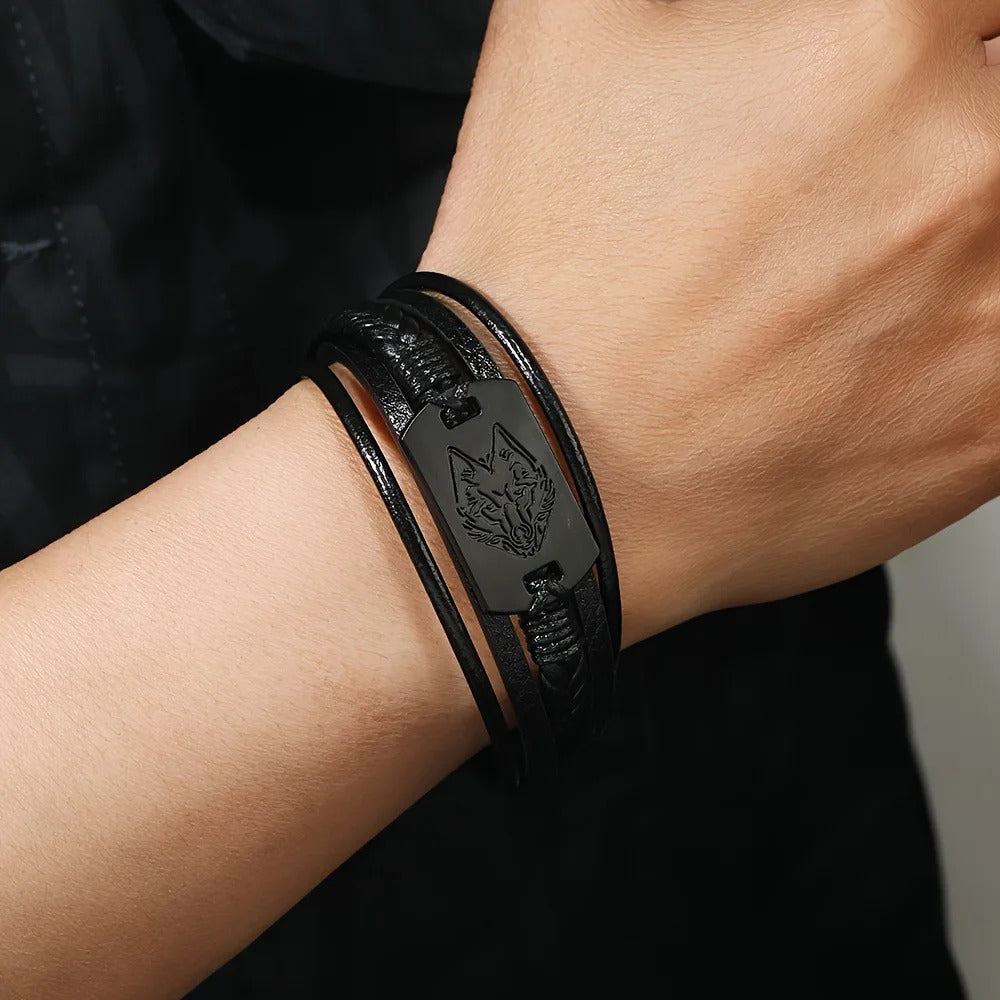 Viking Wolf Head Leather Bracelet
