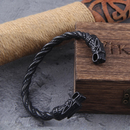 Black Wolf Head Viking Bracelet With Wooden Box