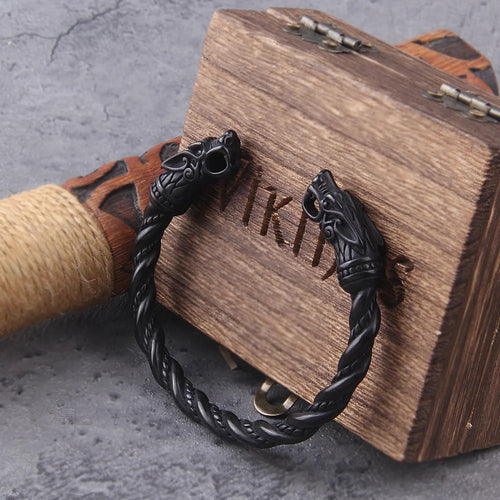 Black Wolf Head Viking Bracelet With Wooden Box