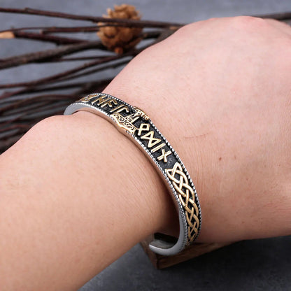 Thor's Hammer And Runes Bangle With Wooden Box