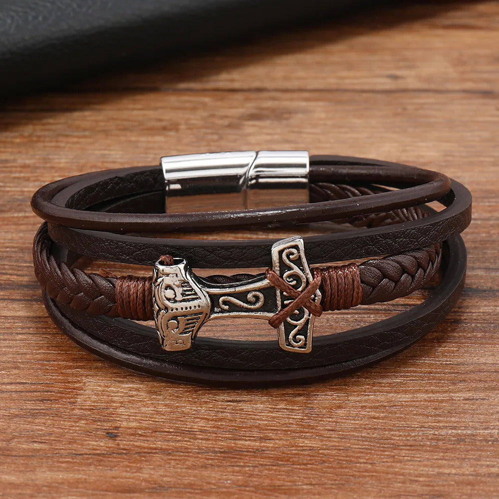Thor's Hammer Braided Leather Bracelet