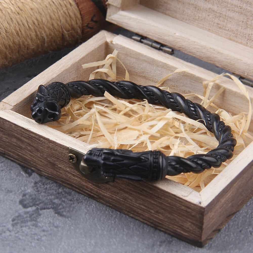 Black Wolf Head Viking Bracelet With Wooden Box