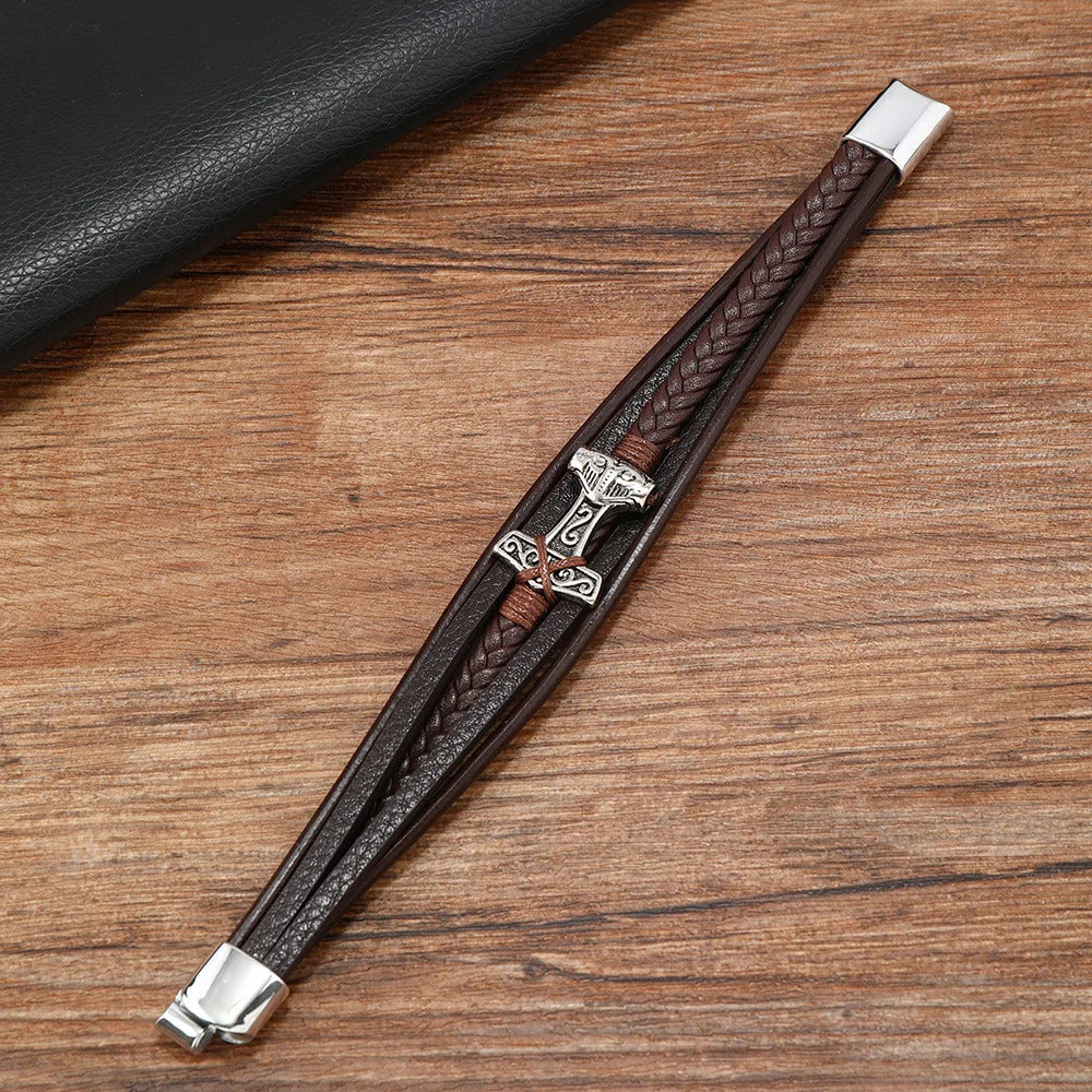 Thor's Hammer Braided Leather Bracelet