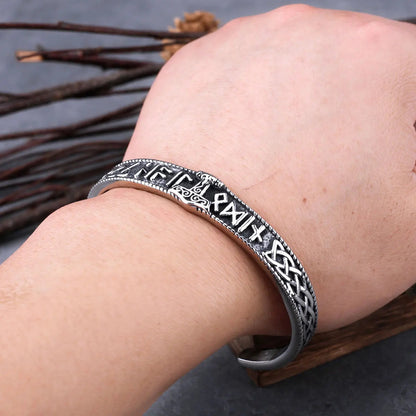 Thor's Hammer And Runes Bangle With Wooden Box