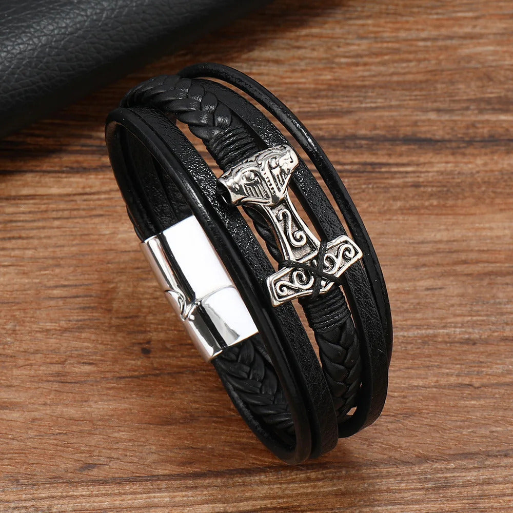 Thor's Hammer Braided Leather Bracelet