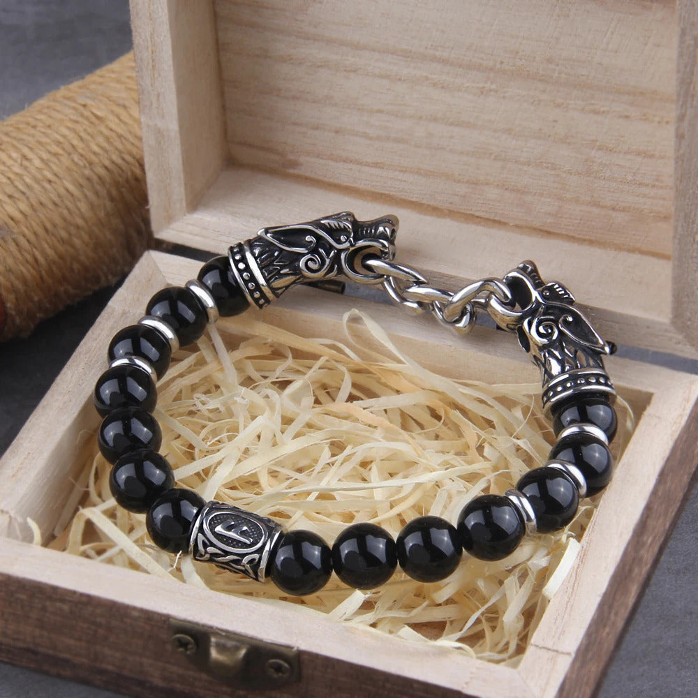 Black Wolf Head Viking Bracelet With Wooden Box