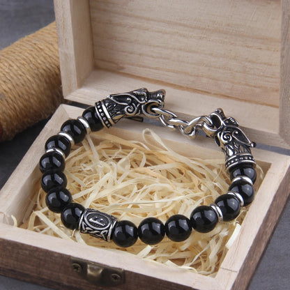 Black Wolf Head Viking Bracelet With Wooden Box