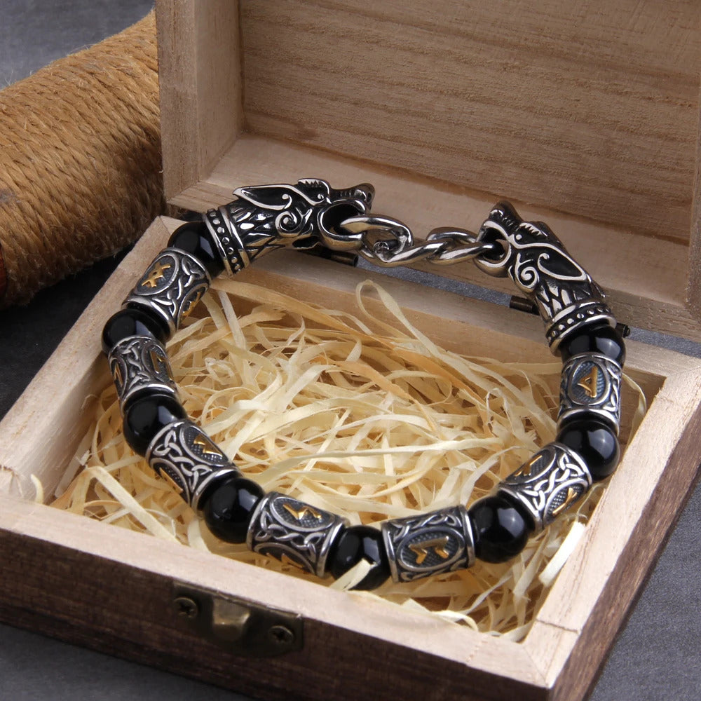 Black Wolf Head Viking Bracelet With Wooden Box