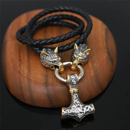 Viking Wolf Head With Mjölnir Chain