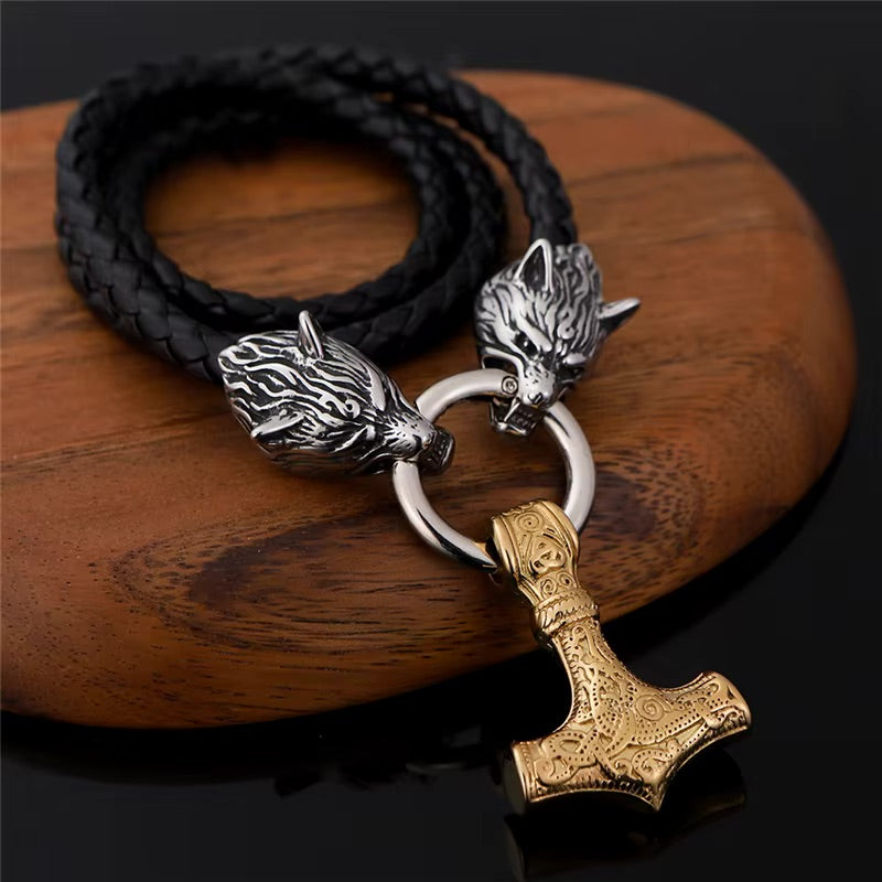Viking Wolf Head With Mjölnir Chain
