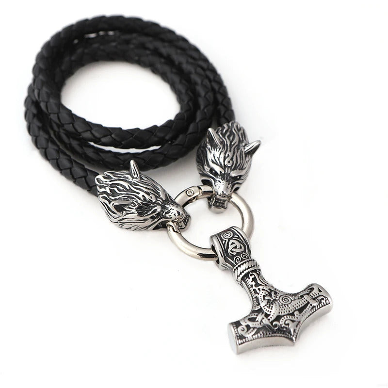 Viking Wolf Head With Mjölnir Chain