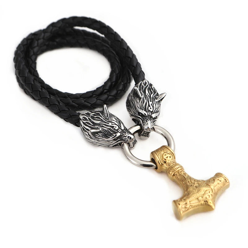 Viking Wolf Head With Mjölnir Chain