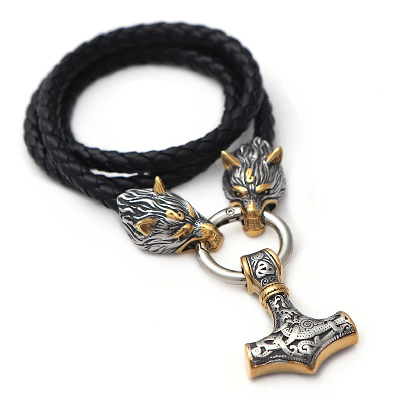 Viking Wolf Head With Mjölnir Chain