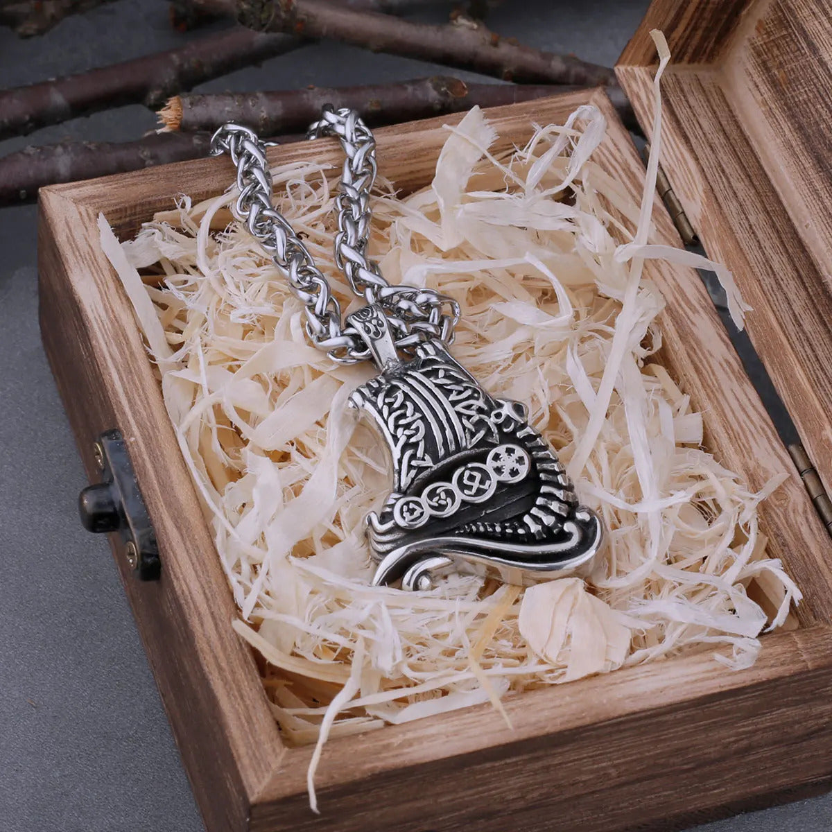 Viking Ship Necklace + Wooden Box