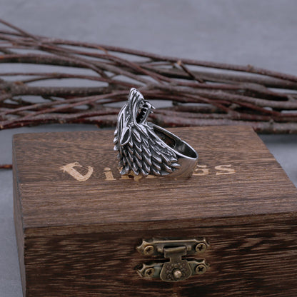 Viking Wolf Head Ring With Wooden Box