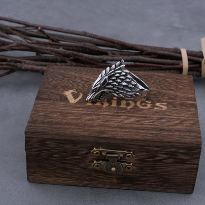 Viking Wolf Head Ring With Wooden Box