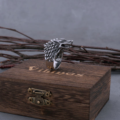 Viking Wolf Head Ring With Wooden Box