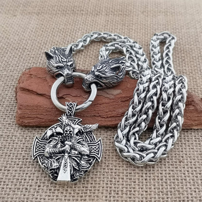 Stainless Steel Odin Pendant With Wolf Head Chain