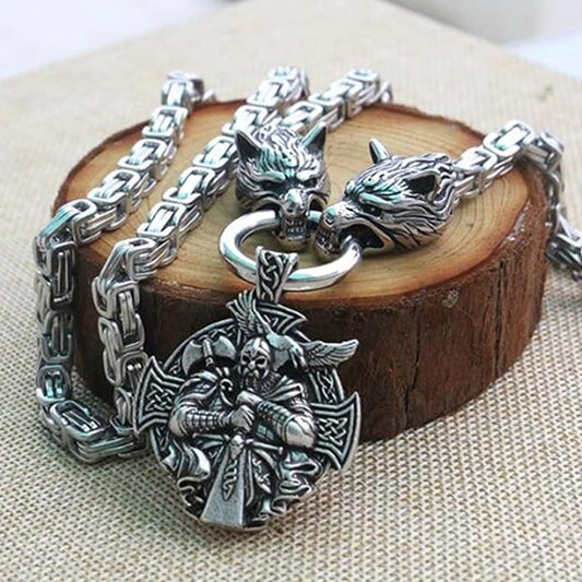Viking Wolf Head Necklace With Odin Pendant