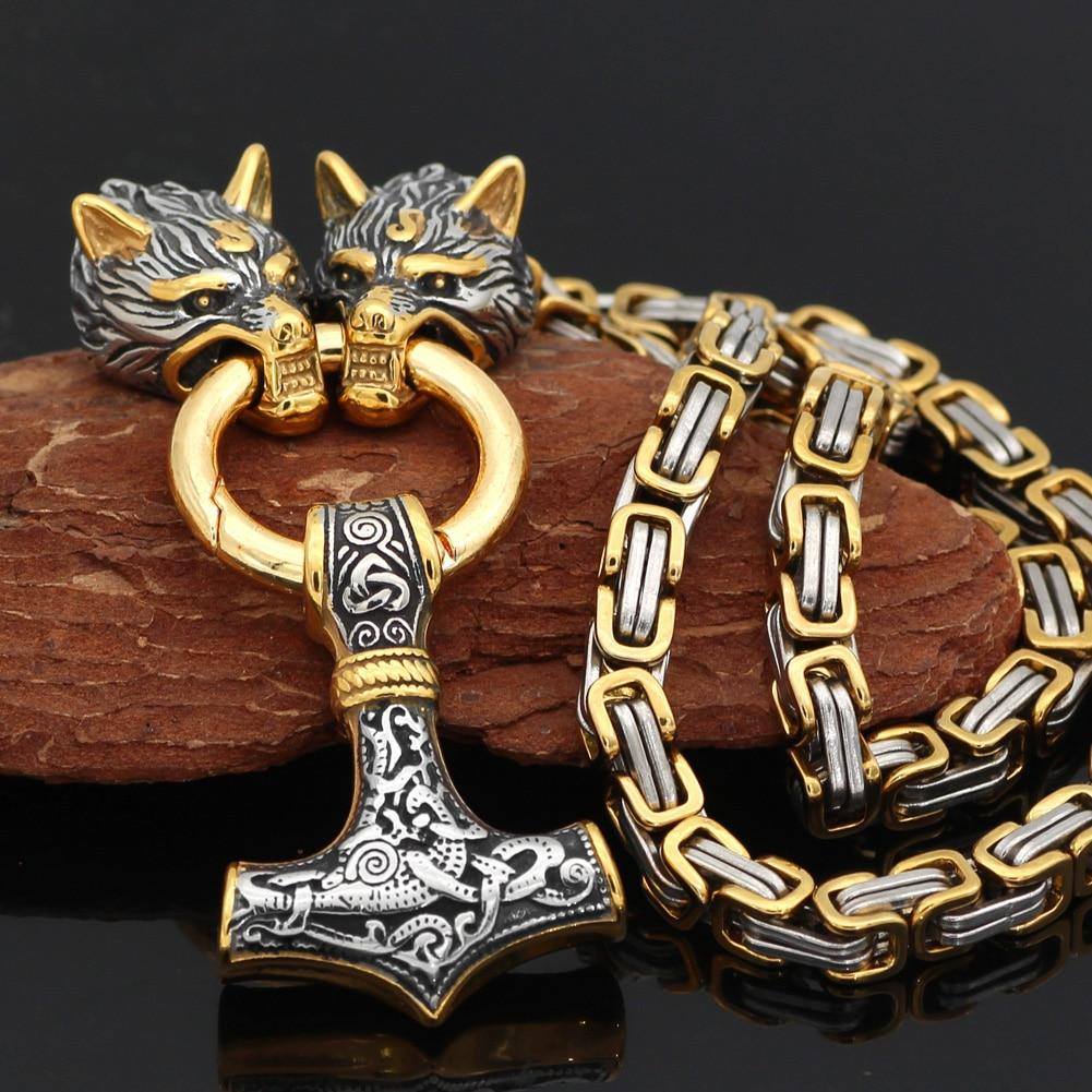 Viking Wolf Head Necklace with Thor's Hammer Pendant