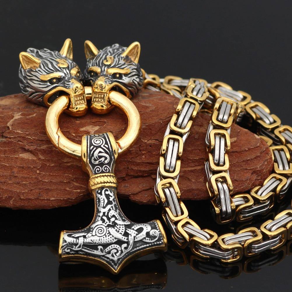Viking Wolf Head Necklace With Thor's Hammer Pendant