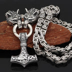 Viking Wolf Head Necklace With Thor's Hammer Pendant