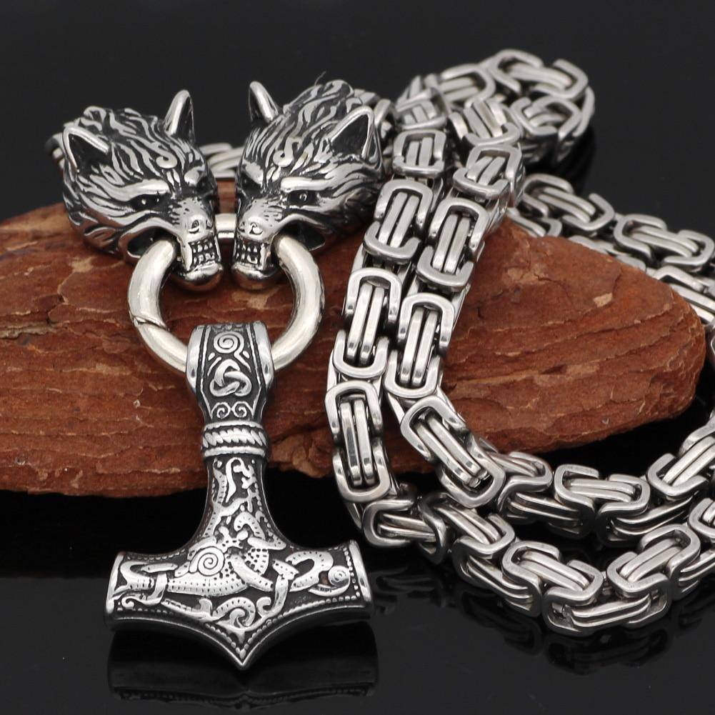 Viking Wolf Head Necklace With Thor's Hammer Pendant