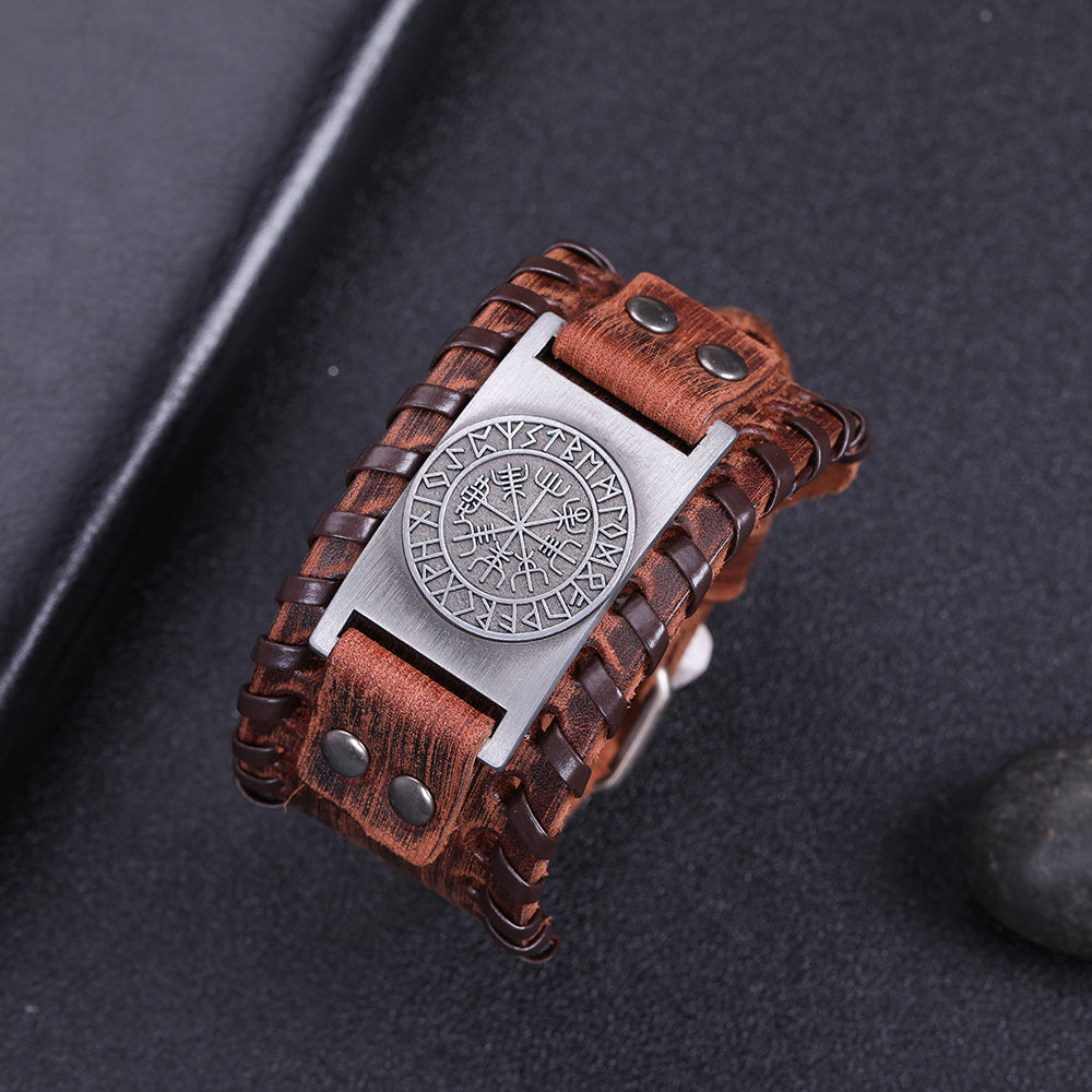 Handmade Viking Leather Vegvisir Arm Cuff Bracelet