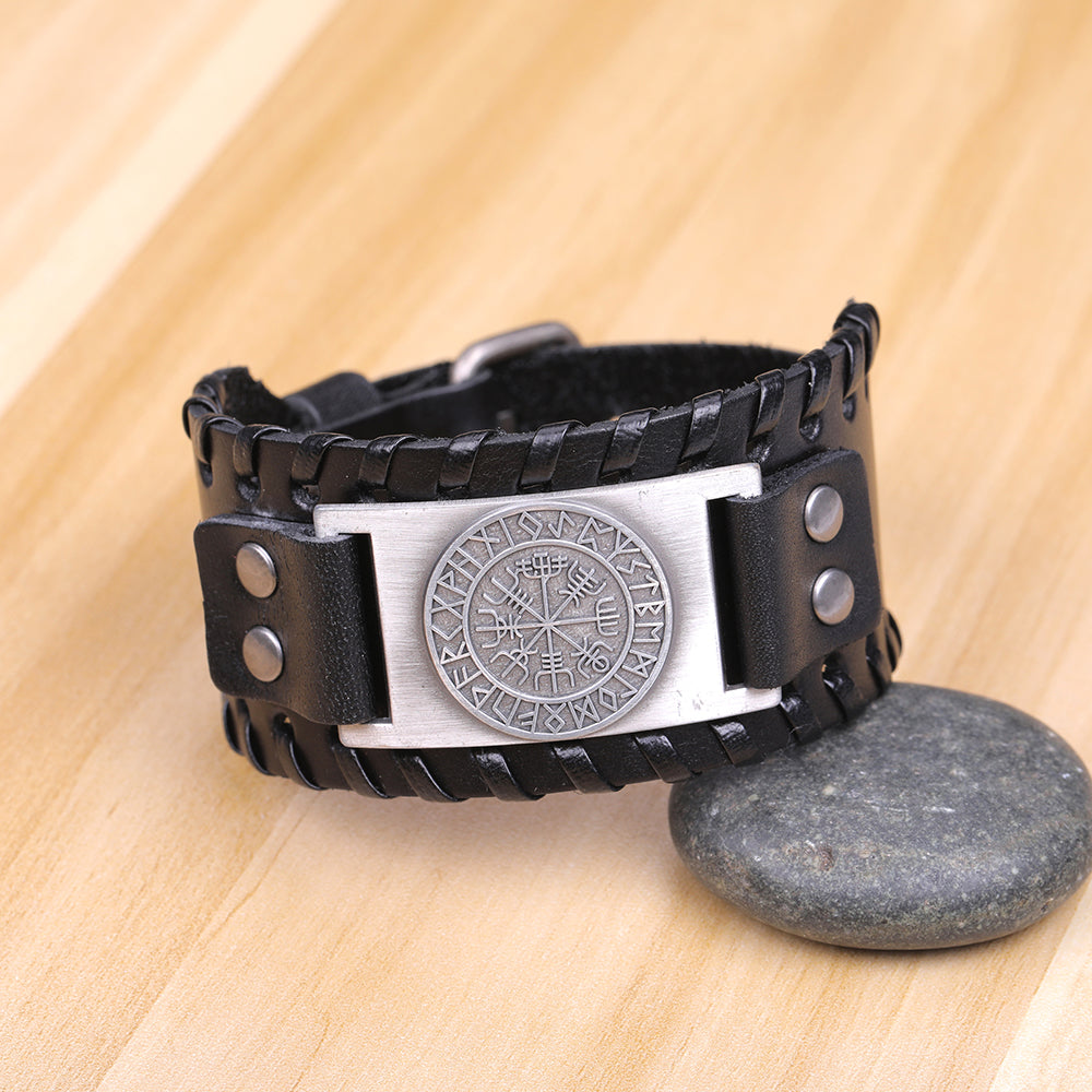 Handmade Viking Leather Vegvisir Arm Cuff Bracelet