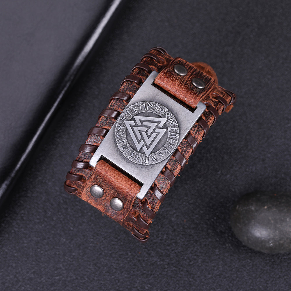 Handmade Viking Leather Valknut Arm Cuff Bracelet