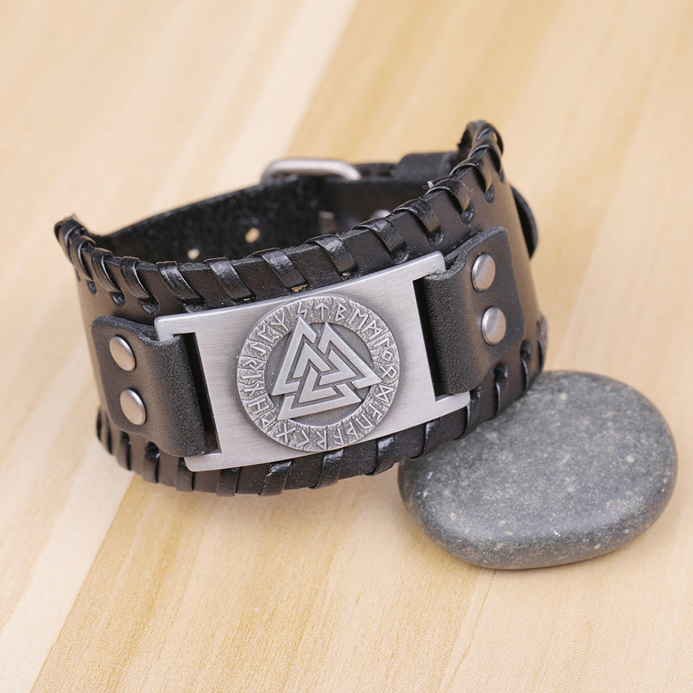 Handmade Viking Leather Valknut Arm Cuff Bracelet