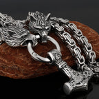 Viking Wolf Head Necklace With Thor's Hammer Pendant