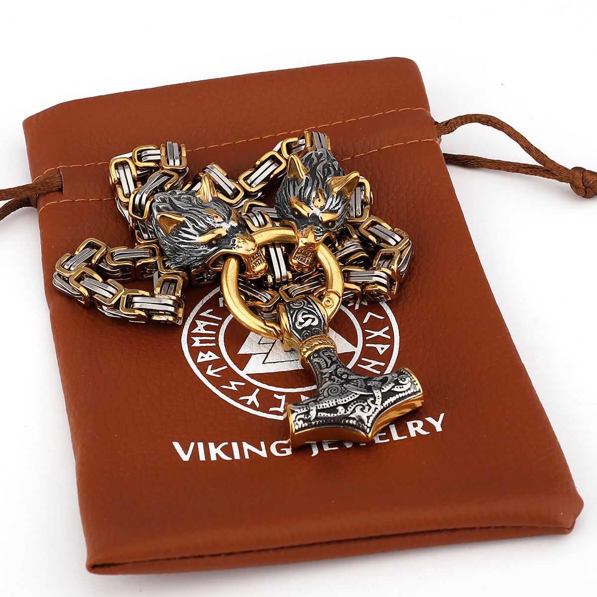 Viking Wolf Head Necklace with Thor's Hammer Pendant