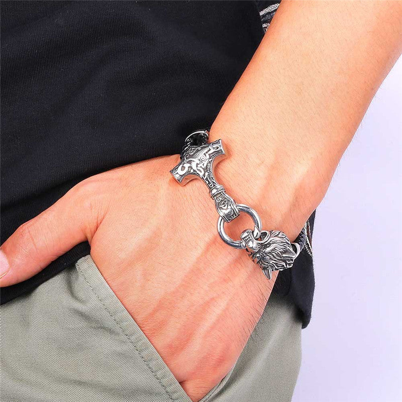 Viking Wolf Head With Thor's Hammer Mjölnir Bracelet