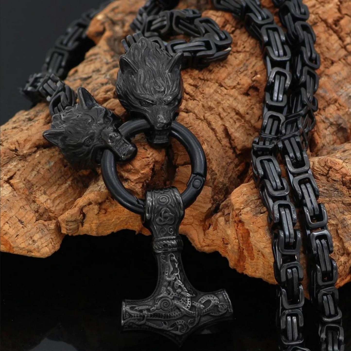 Viking Wolf Head Necklace with Thor's Hammer Pendant