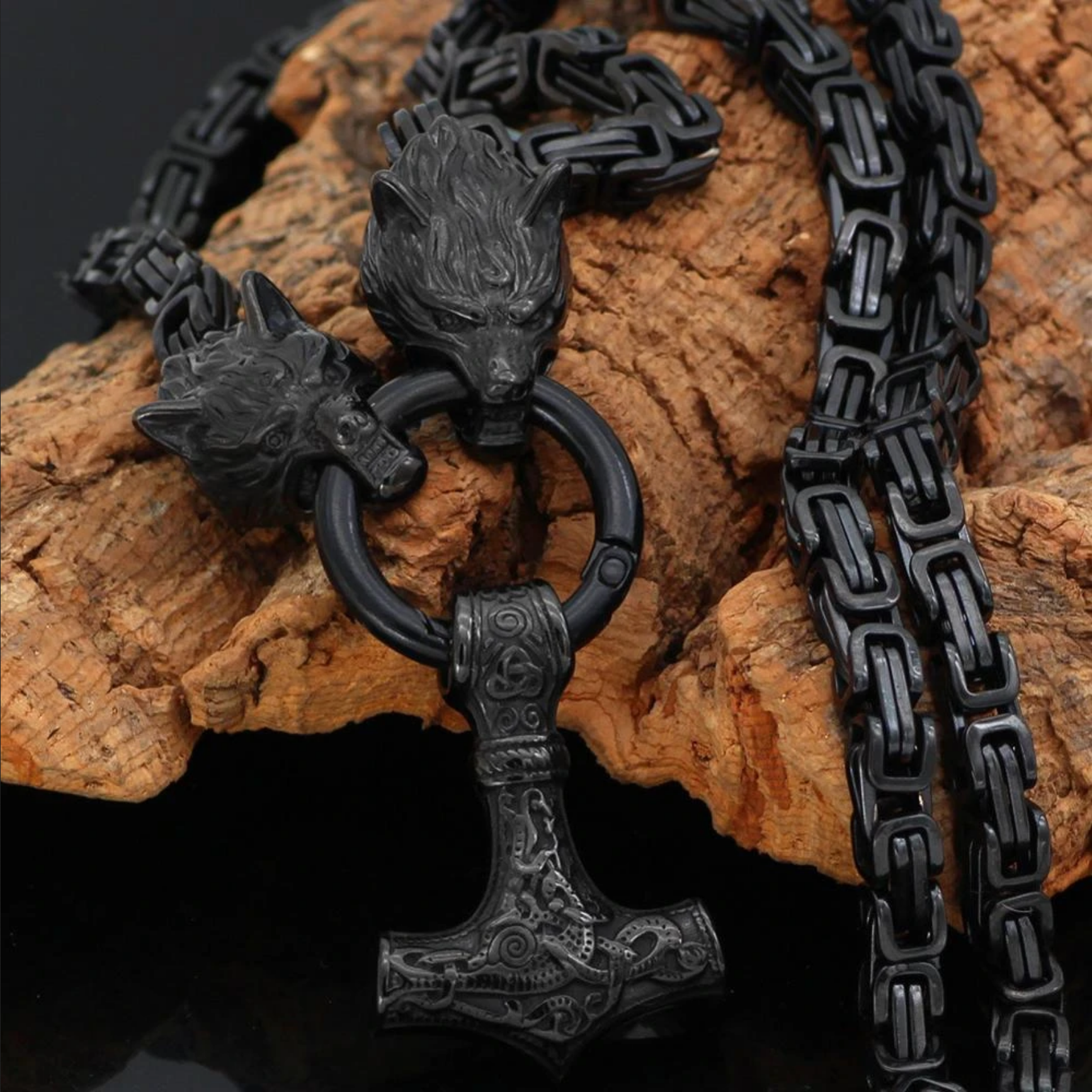 Viking Wolf Head Necklace With Thor's Hammer Pendant