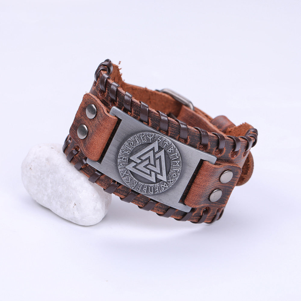 Handmade Viking Leather Valknut Arm Cuff Bracelet